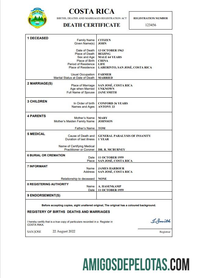 Em branco modelo Word e PDF de certidão de óbito de registro vital da Costa Rica